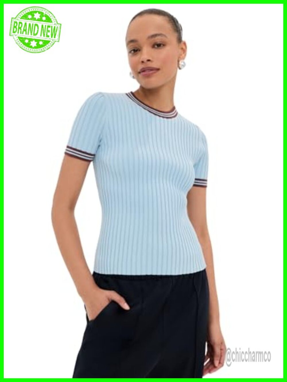 Ringer Tee Ribbed Knit Slim Fit Crew Neck Short Sleeve Women's Top